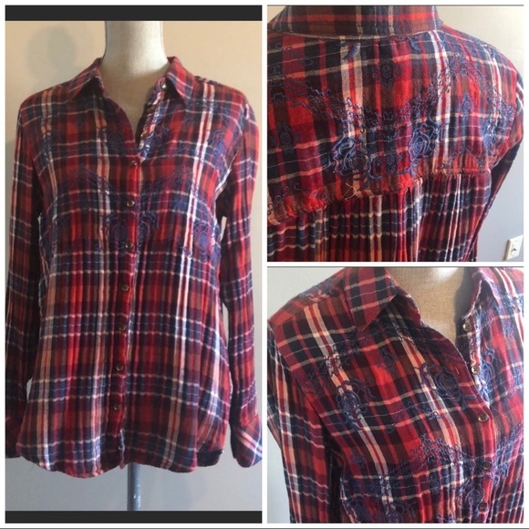 Free People Magical Plaid Embroidered Shirt Flannel Size Small - Picture 7 of 15